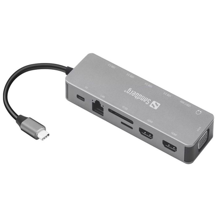 image de Station d'accueil SANDBERG Dock TRAVEL USB-C 13 en 1 - Gris