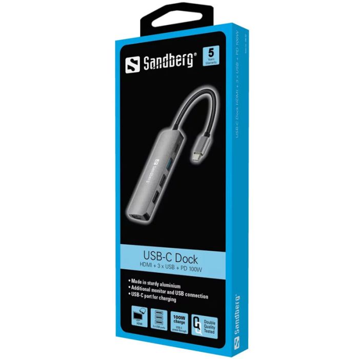 image de Station d'accueil SANDBERG Dock USB-C HDMI+3xUSB+PD - Gris