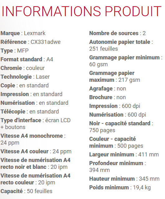 image de Imprimante Multifonction Laser Lexmark CX331adwe / Couleur / A4 / Wi-Fi / Blanc