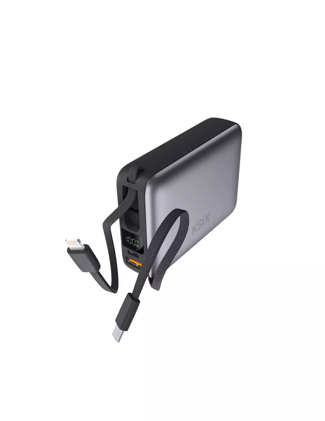 image de Powerbank KSIX 20 000 mAh 22,5W Fast Charging PD câbles USB-C et Lightning intégrés LED (BPB20PD22INTG)